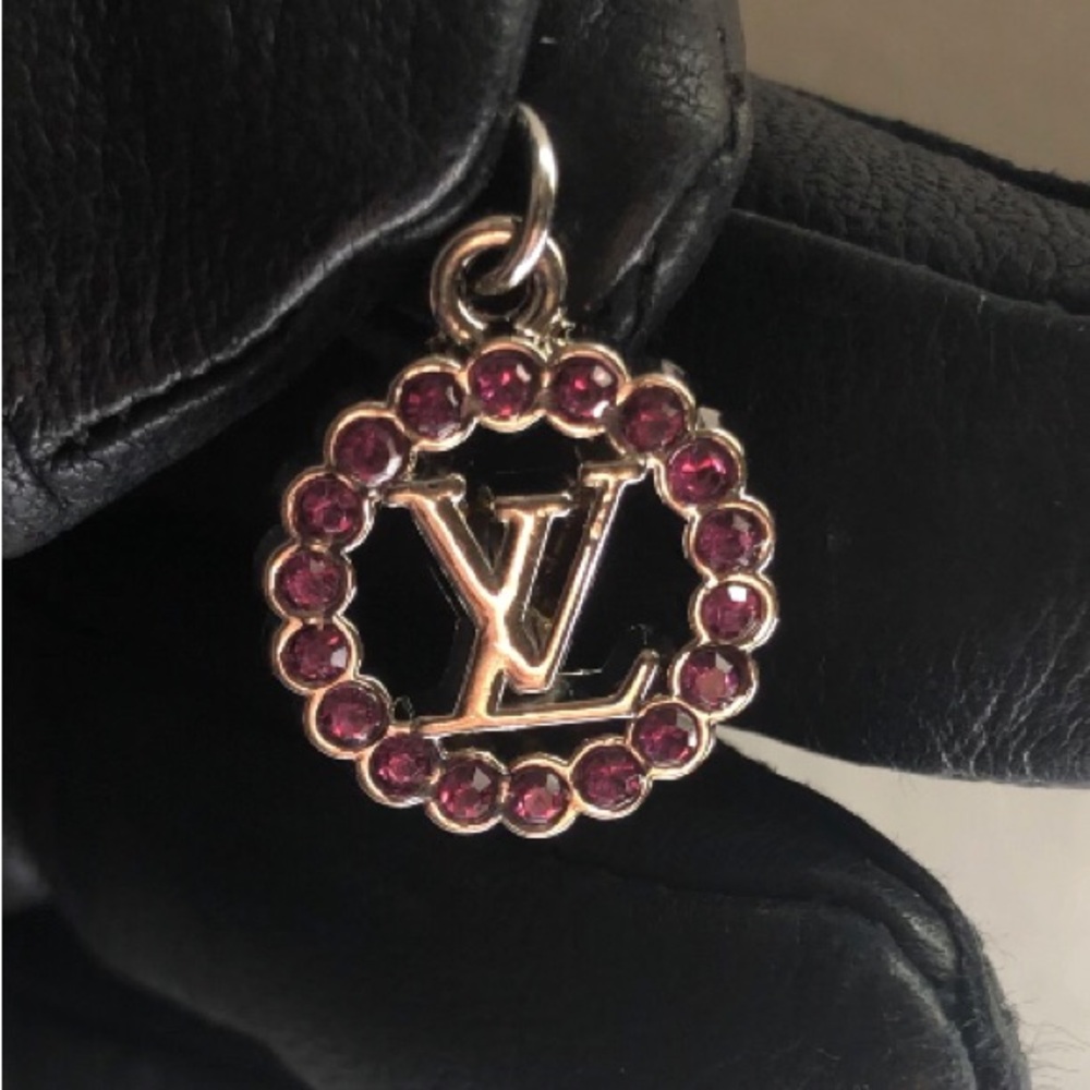 LV Pink Rhinestones Stamped Zipper Pull Charm Silver Tone Round - Picture 5 of 6